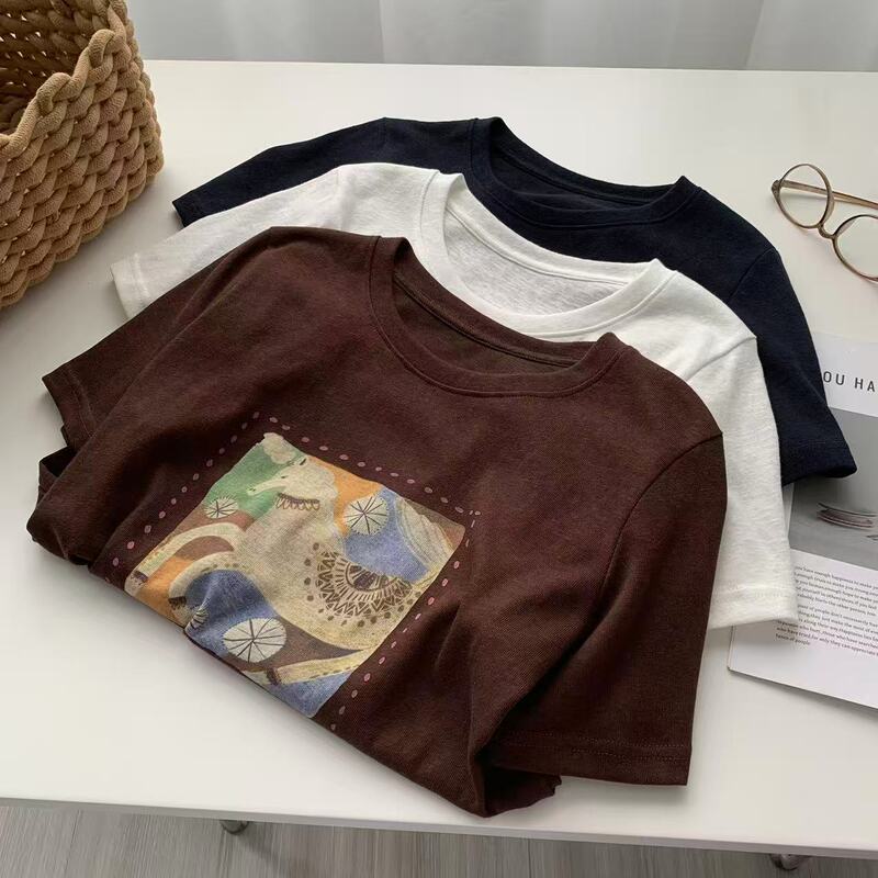 Square Pony Print Round Neck Short-Sleeved T-Shirt for Women 26 Years Summer Thin Snowflake Cotton Breathable Versatile Casual Top