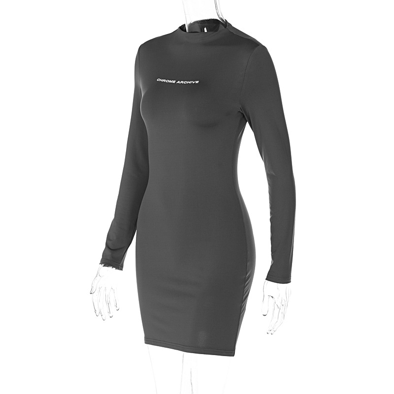 Fashion Letter Round Neck Long Sleeve Printing Spandex Polyester Dresses Knee-Length Sheath Dress