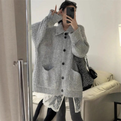 韩系穿搭慵懒风翻领毛衣秋冬新款高级感宽松软糯针织开衫上衣外套