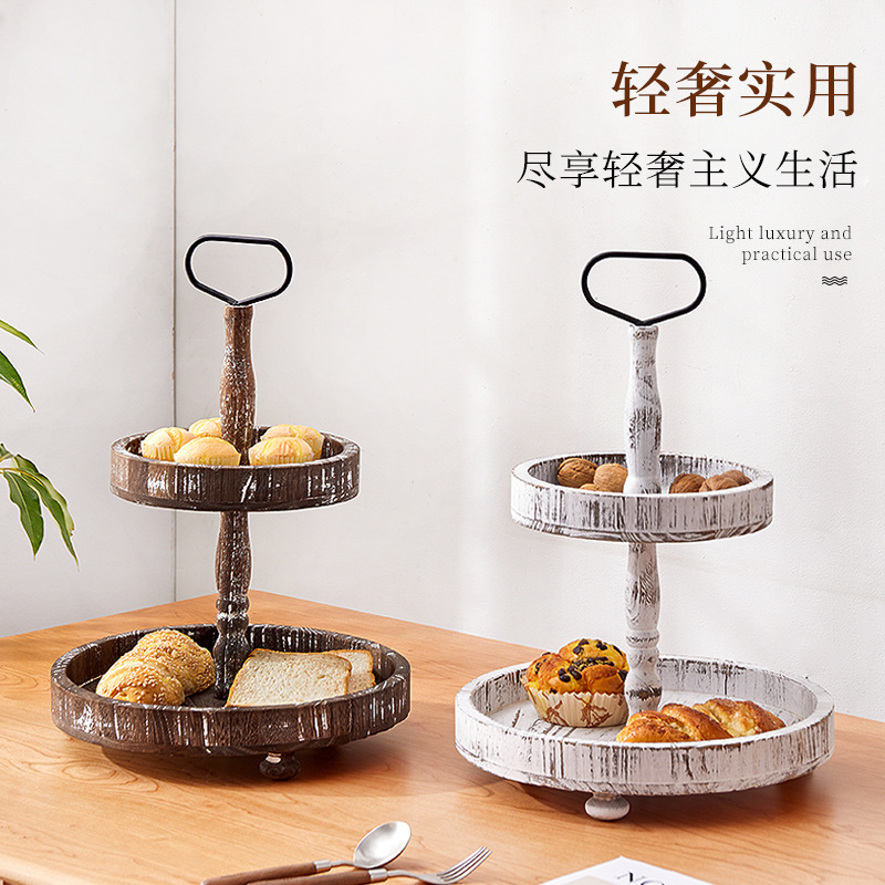 Cruzar la frontera de madera retro de múltiples capas merienda soporte plato de fruta pastel de frutas secas de múltiples capas bandeja de hogar soporte de postre soporte de exhibición