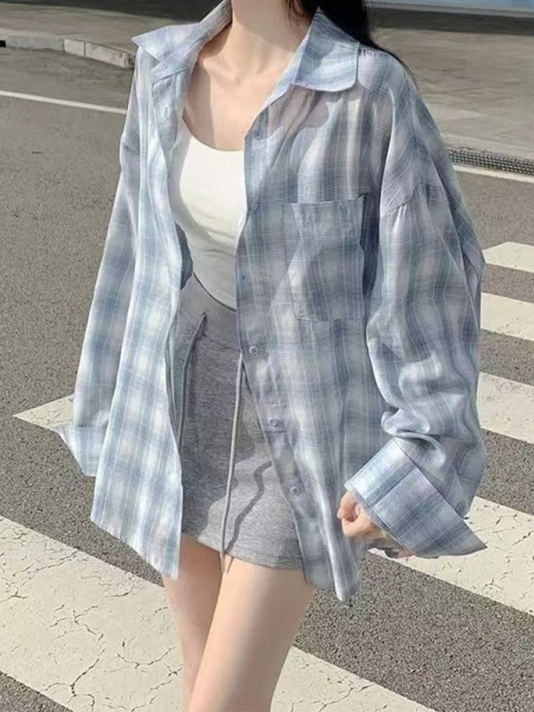 慵懒风复古长袖蓝色格子衬衫设计感宽松休闲春秋polo领上衣外套女|undefined