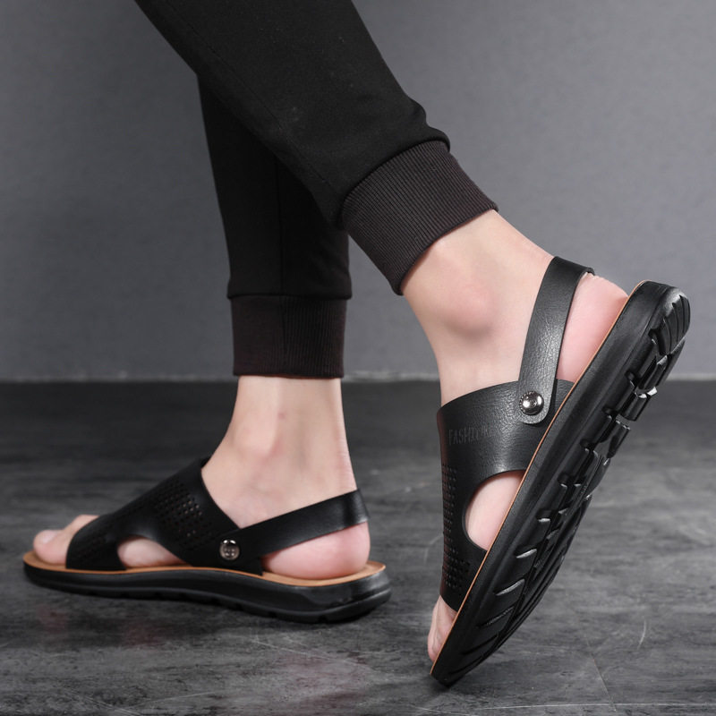 Dép sandal nam cỡ lớn hở ngón da PU chống trơn trượt, thoáng khí đi biển — Nâu Đen, Xanh lam đậm, Xám đậm, Đỏ rượu