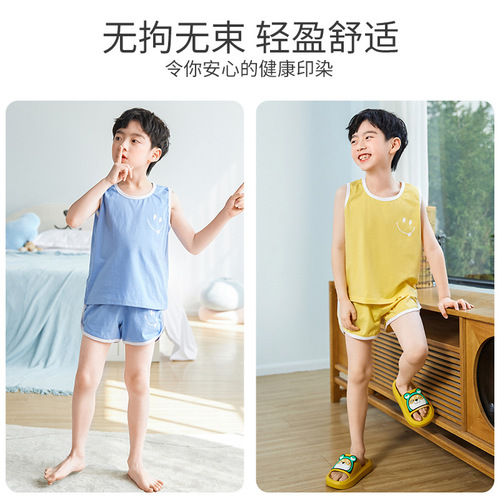 Children's vest set, boys' pure cotton home clothes, summer thin, medium and large children's sleeveless pajamas, two-piece set, trendy wholesale