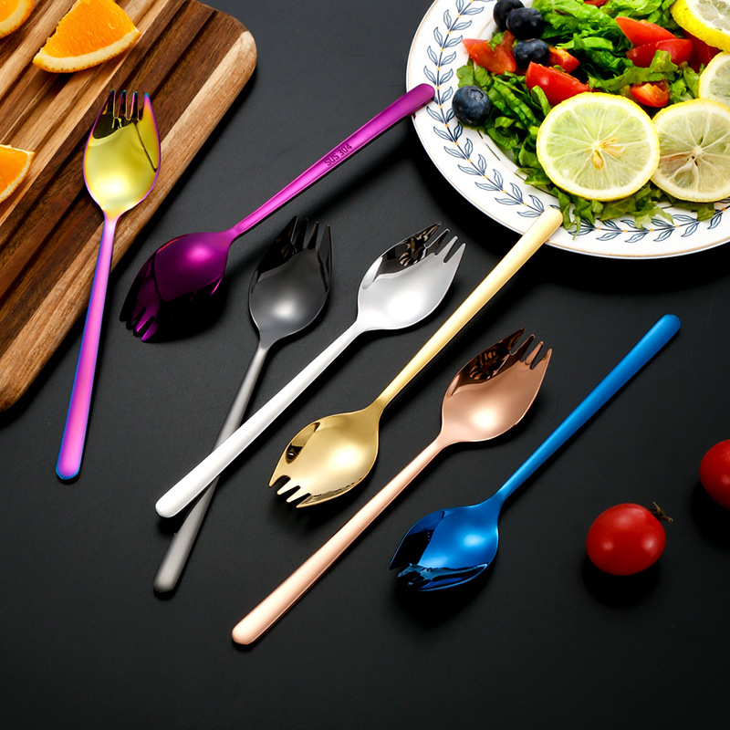 Juego de cuchara y tenedor de acero inoxidable 304, tenedor para pasta, tenedor para fideos instantáneos, cuchara para fideos, cuchara para sopa de mango largo, tenedor y cuchara para postres y repostería