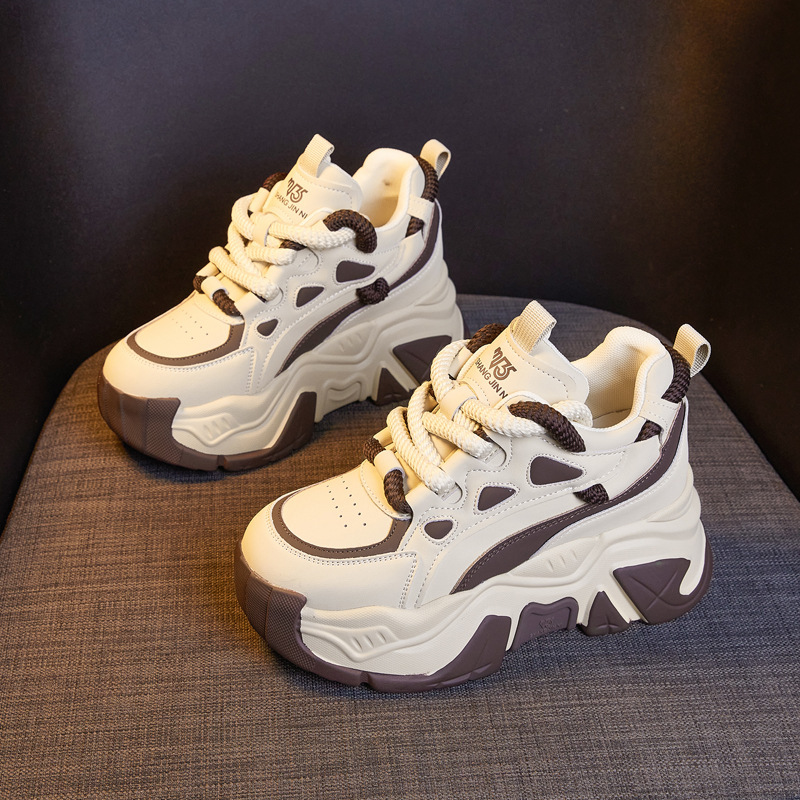 Genuine Leather Sponge Cake Thick Soled Dad's For Women In Autumn 2024, New Round Toe Lace Up Inner Height Increase_voghion.com