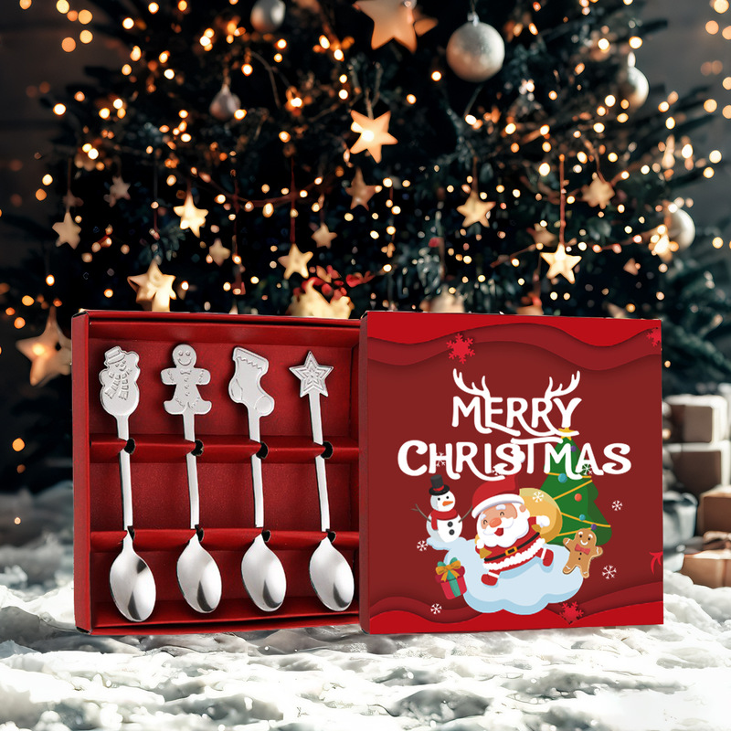 クリエイティブクリスマスコーヒースプーンステンレス鋼デザートミキシングスプーン雪だるま漫画スプーンセットクリスマス食器ギフトボックス|undefined