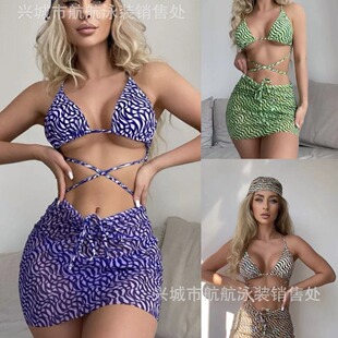 Amazon AliExpress European and American drawstring strap sexy three-piece swimsuit bikini bikini with veil swimsuit