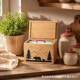 跨境木制菜谱盒配卡片收纳盒手机支架插槽厨房置物盒便签整理盒