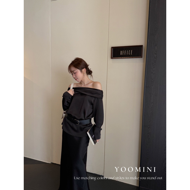 YOOMINI-光拂肩气质高雅长袖2025初秋上新衬衫(配腰带)M16591-SW|undefined
