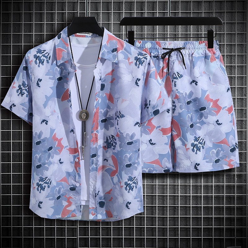 Men's Tropical Print Short Sleeve Shirt And Shorts Set, Quick-Dry Hawaiian Beach Outfit, Matching Couple Vacation Two-Piece Set​_viptrois.com