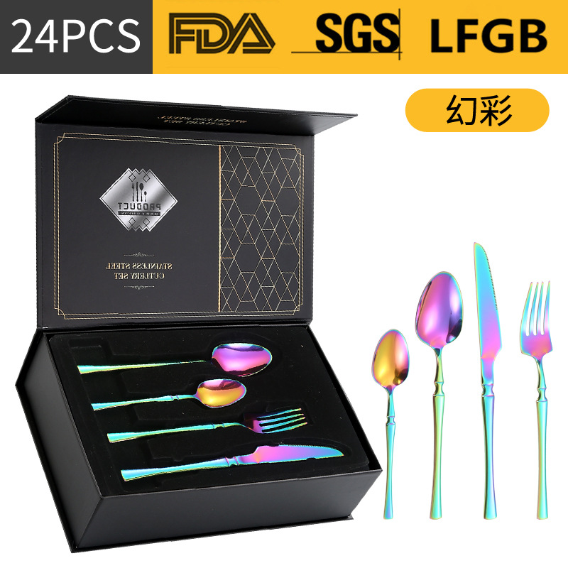 Amazon transfronteriza suministro de vajilla de acero inoxidable 24 piezas traje de cintura pequeña 4 piezas caja de regalo cuchillo, tenedor y cuchara traje