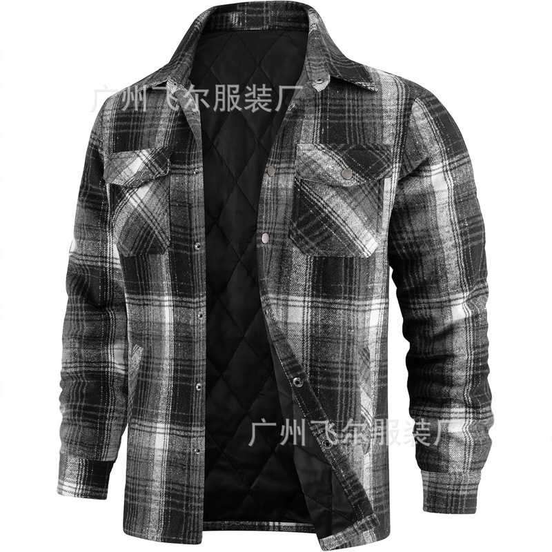 欧美男装棉衣亚马逊长袖翻领法兰绒色织格子保暖宽松型男外套批发|undefined