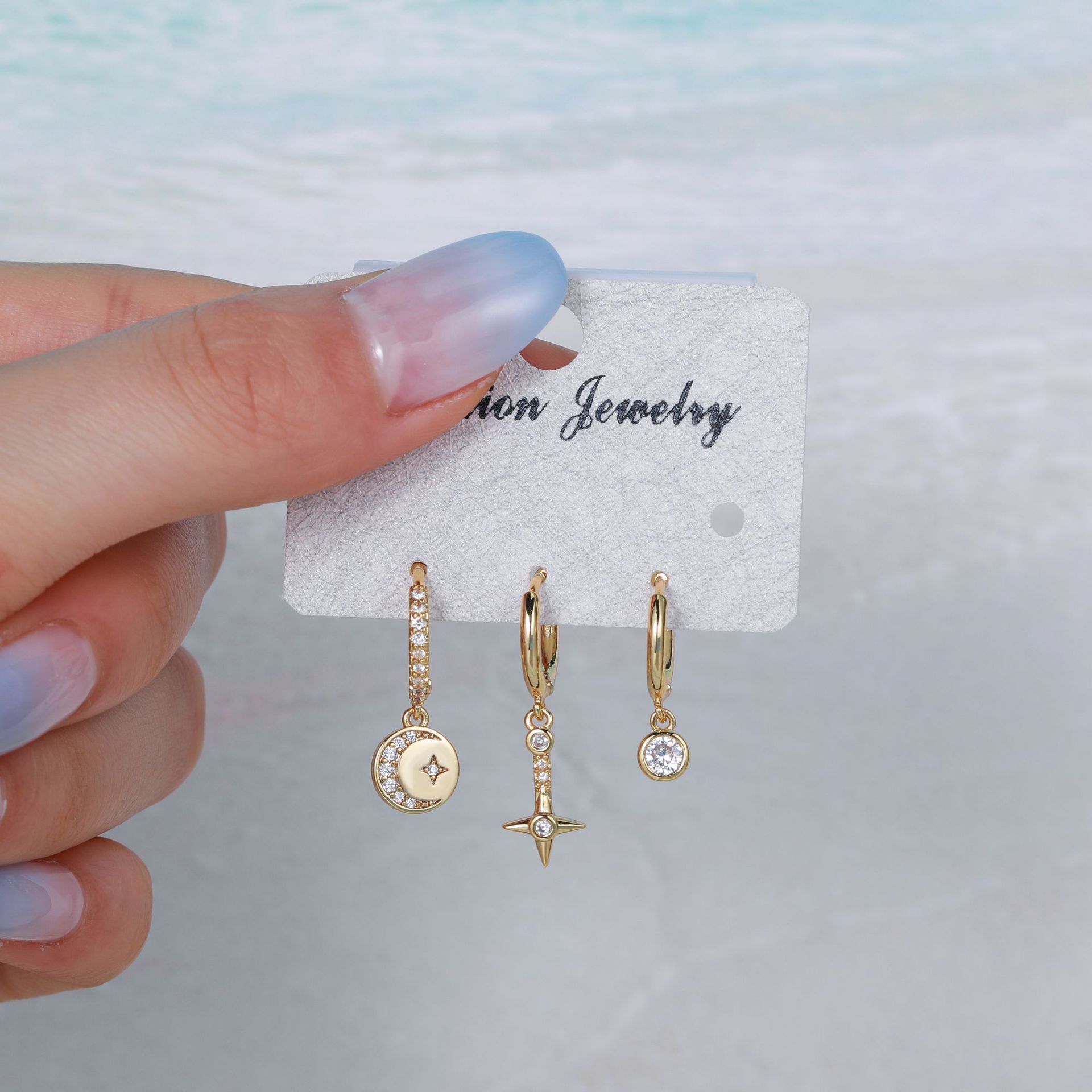 Micro Inlaid Zircon Star Moon Ear Clip Three-Piece Earring set