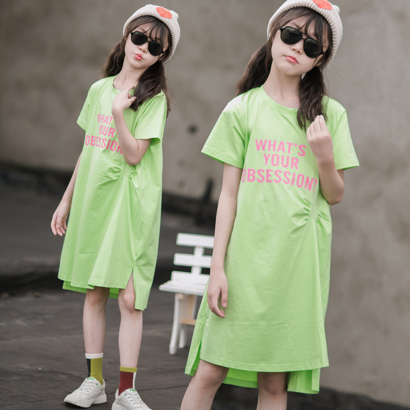 Falda de camiseta para niñas, vestido de verano para niños de longitud media, falda de niña de estilo occidental de estilo coreano de manga corta, tendencia de niños grandes