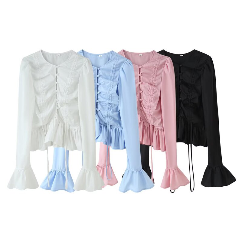 MYST&ZA Summer New Women's Lace Waist-Cinching Long-Sleeve T-Shirt with Bell Sleeves, French Style Chic Short Top MYST&ZA Summer New Women's Lace Waist-Cinching Long-Sleeve T-Shirt with Bell Sleeves, French Style Chic Short Top