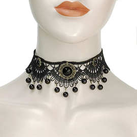 新原创复古黑色仿珍珠蕾丝项链女 欧美跨境热销项饰轻奢颈链 Y622