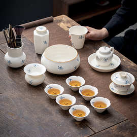 9ZRT手绘兰花功夫茶具套装家用客厅轻奢陶瓷盖碗茶杯小套组泡茶壶