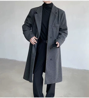 秋冬人字纹毛呢大衣男中长款冬季加厚韩版潮流英伦风呢子风衣外套