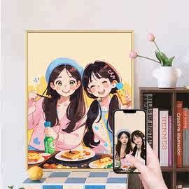 手绘油画纯手工diy卡通照片数字油画定制丙烯画制作装饰品自做