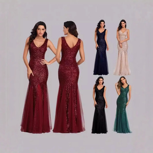 Cross-border New European, American and Middle East Sequin Toast Dress Bride Red Fishtail Slim-fit Banquet Evening Dress (4 Colors)