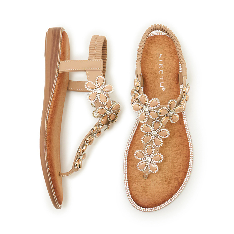 Dép sandal nữ xỏ ngón đế bệt đính hoa kim cương mềm chống trượt — màu đen, màu mơ chi tiết 23