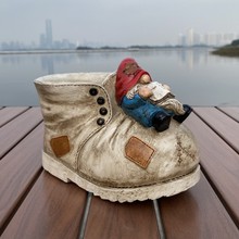 跨境花盆树脂工艺品小矮人摆件创意大头鞋可爱精灵复古小花盆笔筒