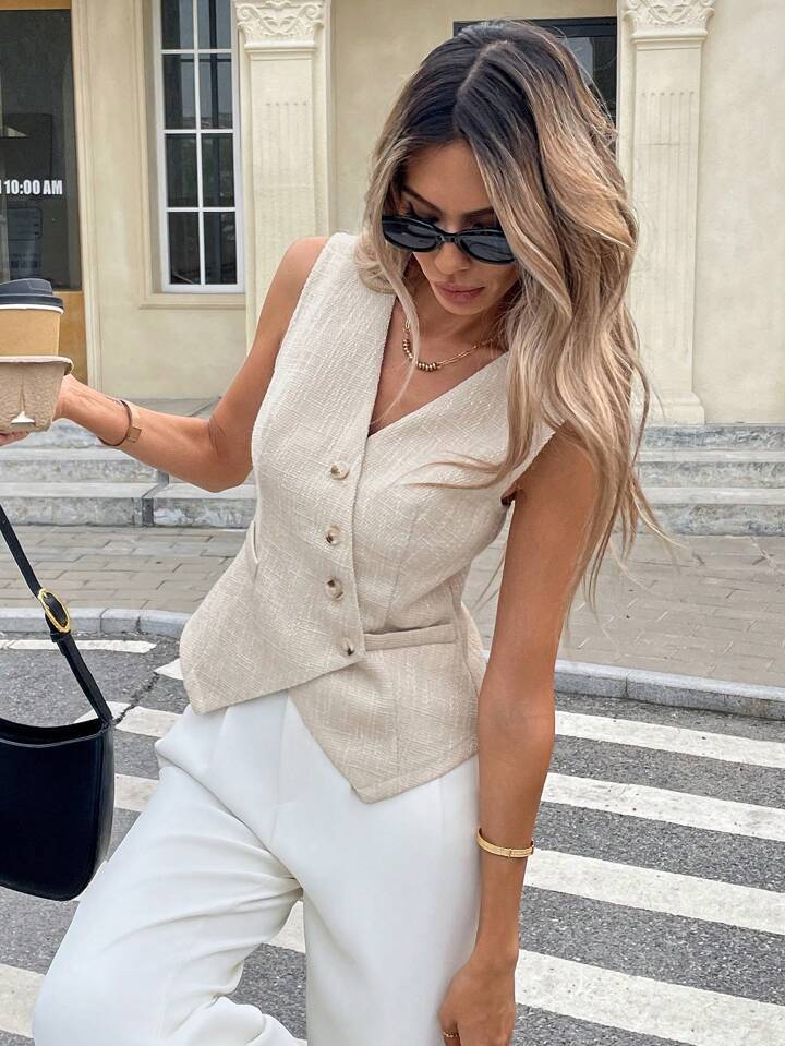 Women's Clothing Women's V Neck Sleeveless Cardigan Vest Irregular Slanted Button Waist Cinching For Formal & Casual For Women_ecoleips.com