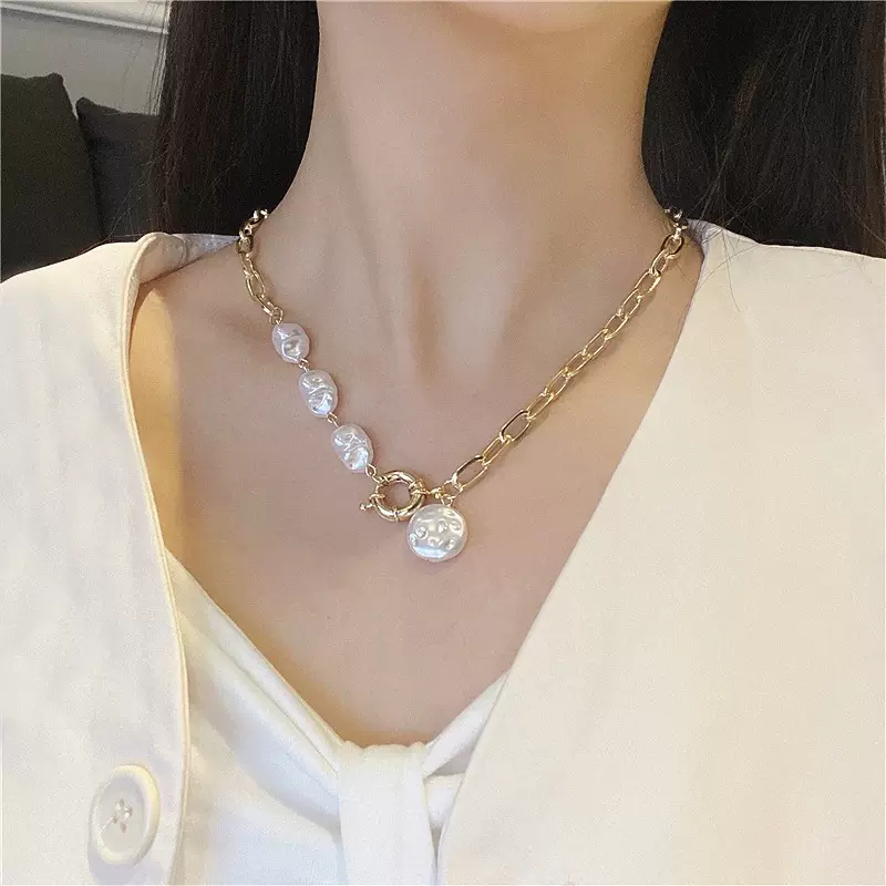 欧美跨境饰品 时尚异形珍珠项链批发波西米亚风金属链条吊坠项饰