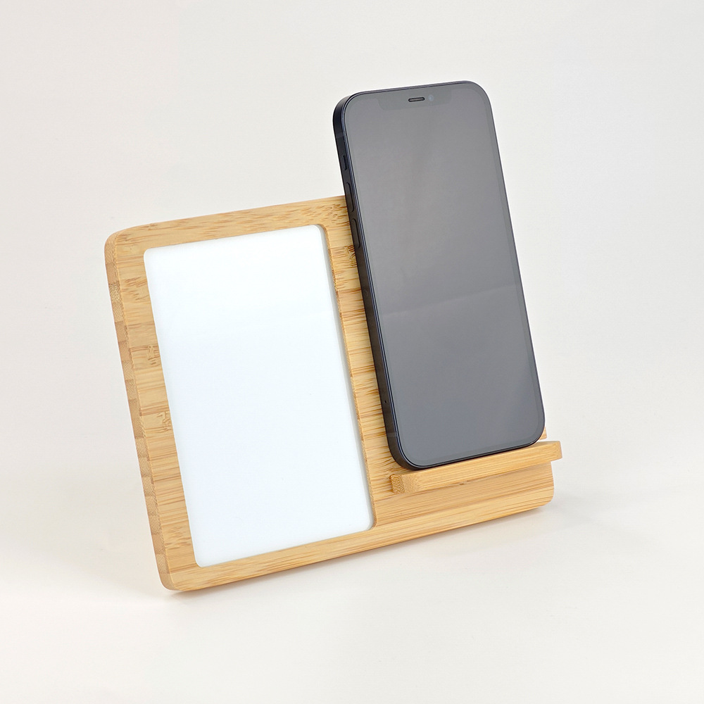 Base de bambú para sublimación, soporte de escritorio, marco de fotos, soporte de carga inalámbrica, material en blanco DLY, venta al por mayor