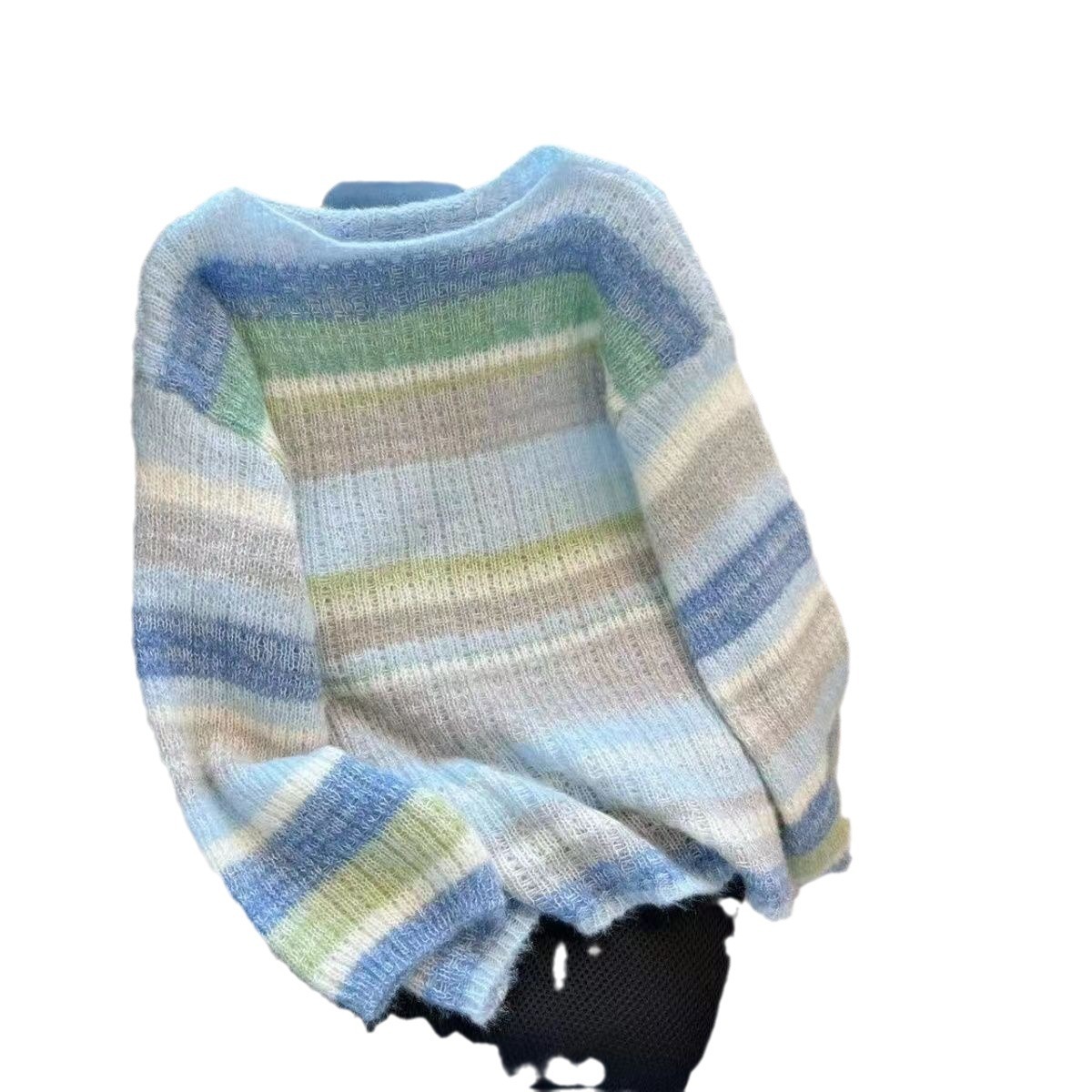 【 Cashmere Family】 Maglione da donna in maglia morbida e appiccicosa a righe arcobaleno, girocollo corto in lana, strato interno_voghion.com