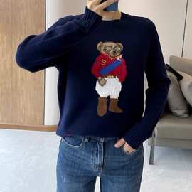小马~秋冬新款经典红衣墨镜刺绣小熊重工圆领宽松百搭针织毛衣