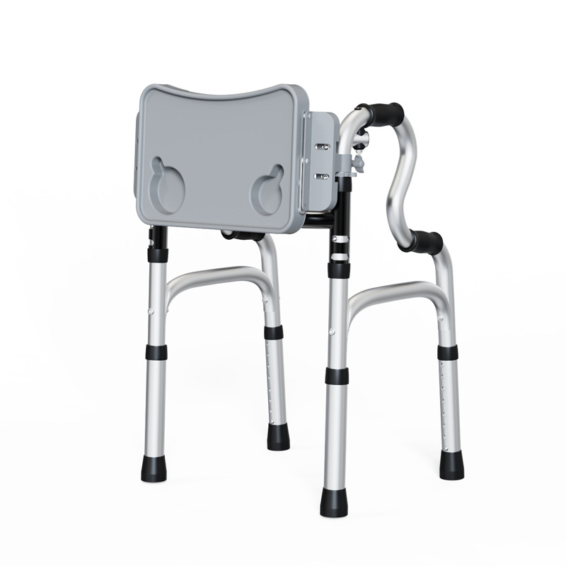 Con andador de asiento, rueda de aleación de aluminio para ancianos, engranaje de cuatro pies, asistente de paso de muleta ajustable, tablero de asiento, tablero de mesa de comedor