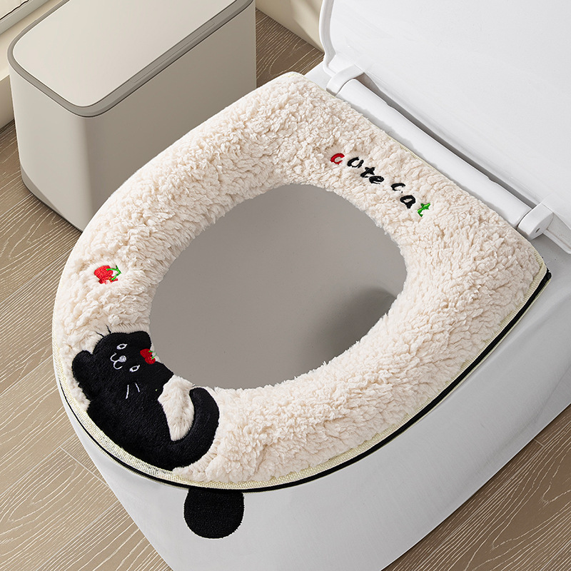 萌趣黑猫毛绒马桶垫可爱卡通保暖坐便套通用款冬季温暖如厕好物|undefined