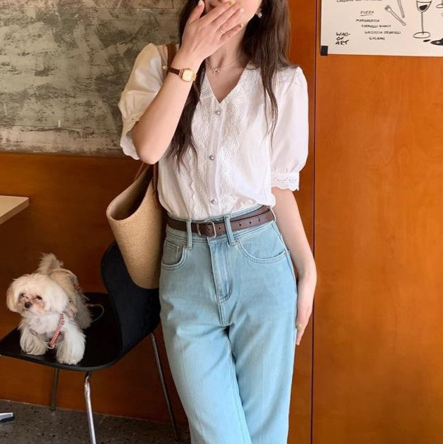 Mood White V-Neck Lace Puff Sleeve Shirt French Retro Slim Top