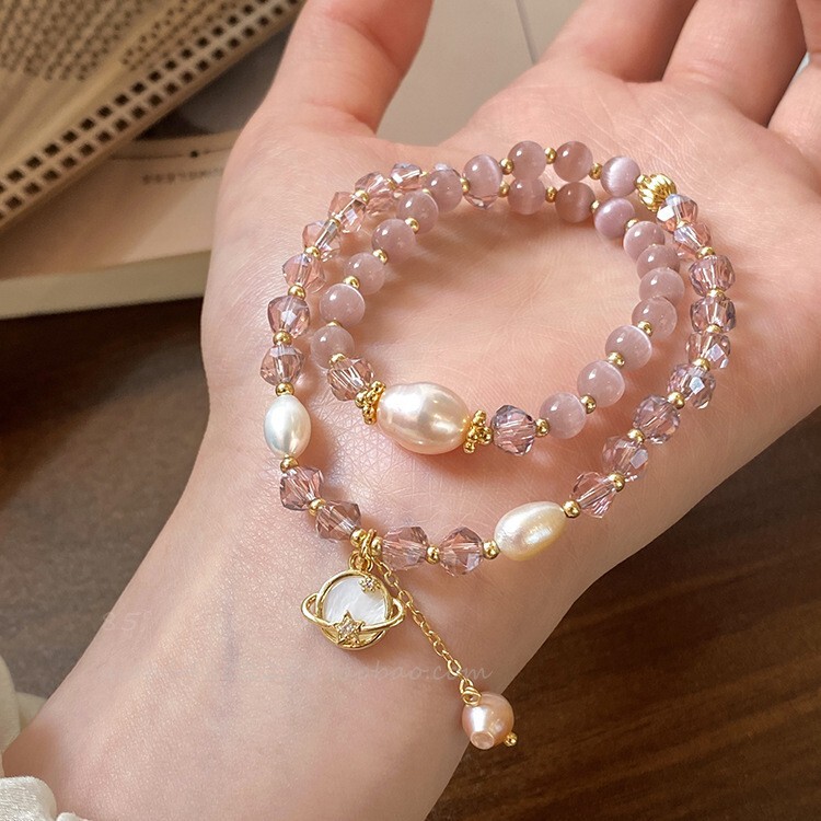 Pink Pearl Beaded Planet Pendant Stacked Bracelet Ins Sweet Literary High-End Cat's Eye Beaded Bracelet