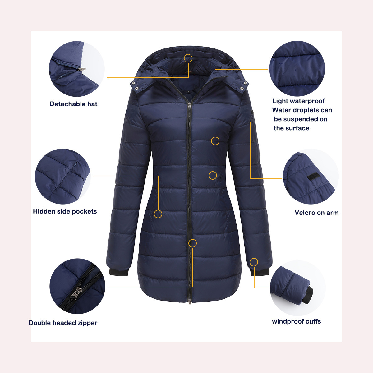 Abrigo de invierno para mujer con capucha extraíble parka impermeable_voghion.com