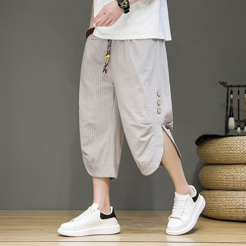 2025 Summer Chinese-style Striped Capri Pants Men's Loose plus size Wide-leg Harlan Pants Fashionable Beach Pants Japanese Capri Pants