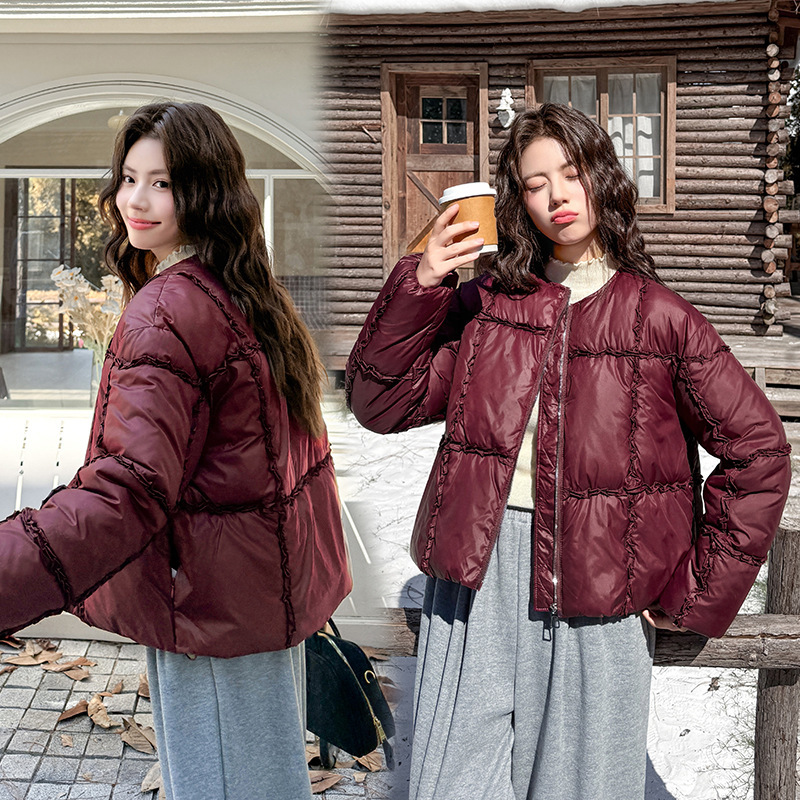 木耳边拼接香风棉服女2025冬新款小个子韩版短款宽松时尚保暖外套|undefined