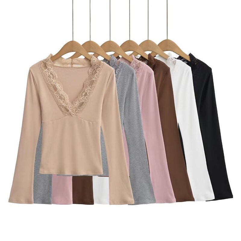 Spring Spicy Girl V-Neck Lace Splicing Long-Sleeve Top for Women, Stretchy Slim Fit Inner Wear with Flared Sleeves T-Shirt Base Shirt Solid Color