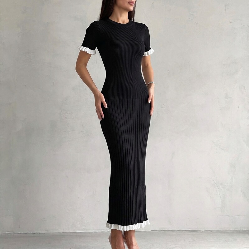 Cross-Border European and American Women's Fashion 2026 New Style Mature Style Lapel Buttoned Contrast Color Ruffled Tight-Fitting Sweater Dress Cross-Border European and American Women's Fashion 2026 New Style Mature Style Lapel Buttoned Contrast Color Ruffled Tight-Fitting Sweater Dress