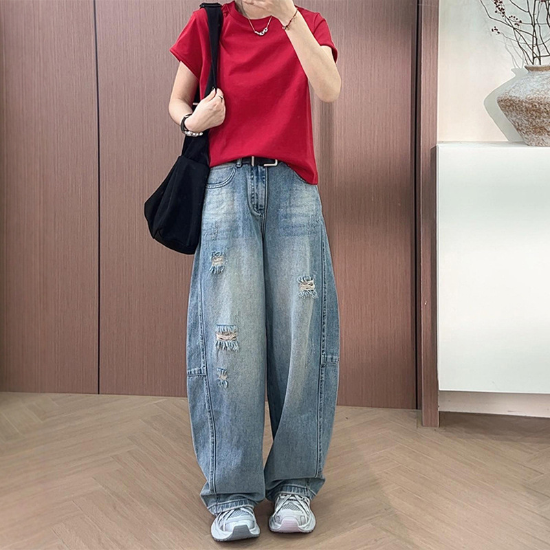 2025 新しい夏の薄い大きいサイズスリムワイドレッグシミタジーンズ女性の破れた脂肪 mm ルーズストレートパンツ|undefined