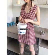 如果夏天不停’碎花V领牛仔A字收腰系带无袖背心连衣裙女设计感