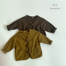 韓國童裝新款兒童春秋季棉麻開衫韓版日系復古寬松紐扣開衫外套衫