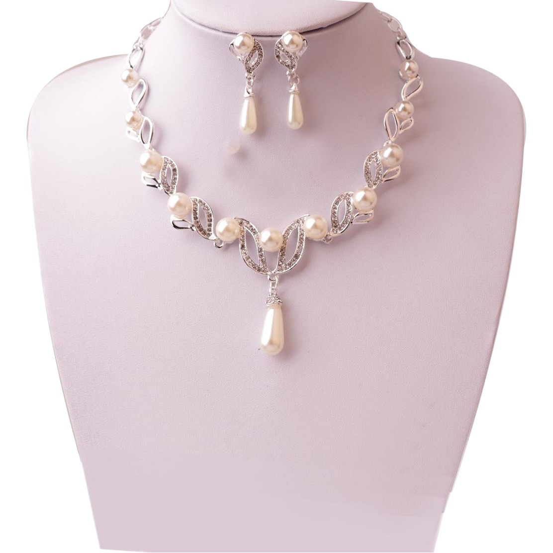 Imitation Gold Ear Studs/Ear Clips, Necklace and Earrings Pearl Jewelry Set, Bridal Leaf-Shaped Long Teardrop Pearl Necklace