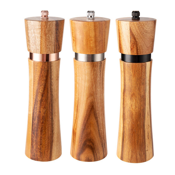 Steel ring grinder acacia wood base pepper grinder cylindrical grinding salt ceramic core seasoning bottle steak salt spreader