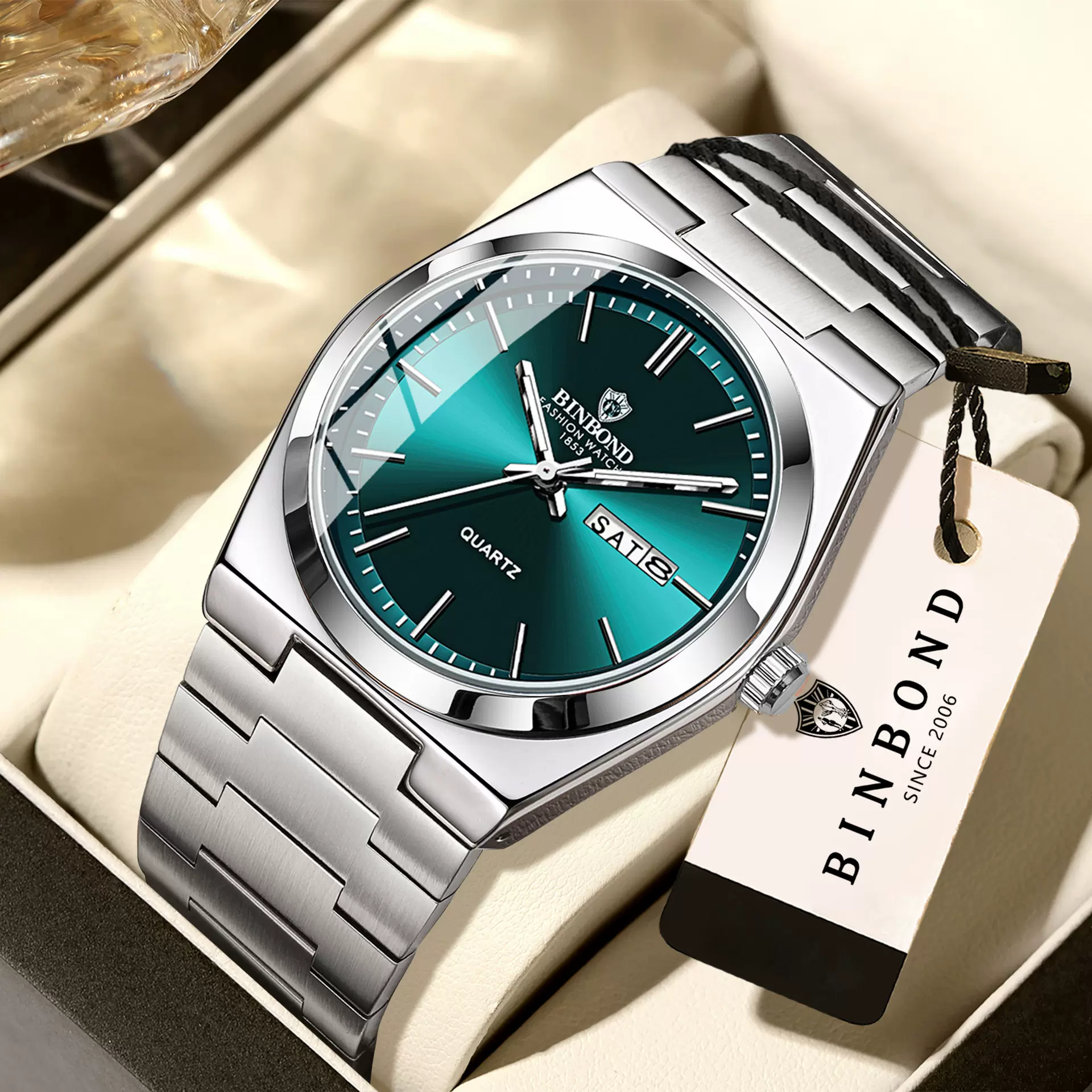 宾邦BINBOND时尚新款不锈钢带扣男士商务休闲石英表薄款双历男表