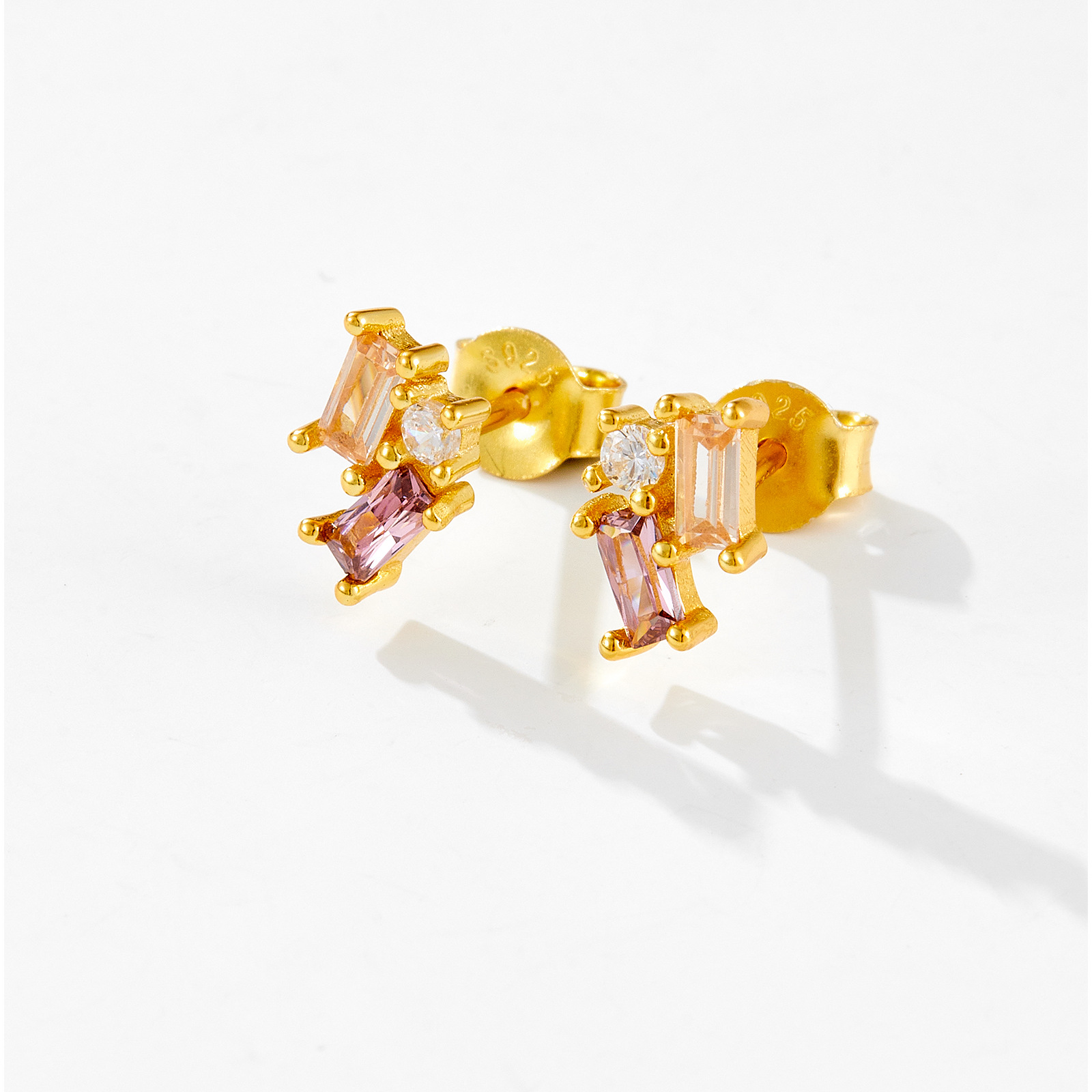 18K Real Gold Plated Plating Material Zircon Inlay Material 1 Pair 18K Gold Plated 925 Sterling Silver Zircon Rectangle Ear Studs