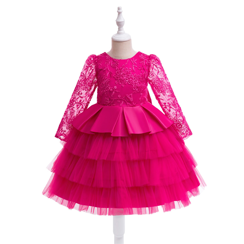 Europa y América vestidos de niños huecos mangas largas pastel vestido de fiesta infantil vestido de boda vestido de flores