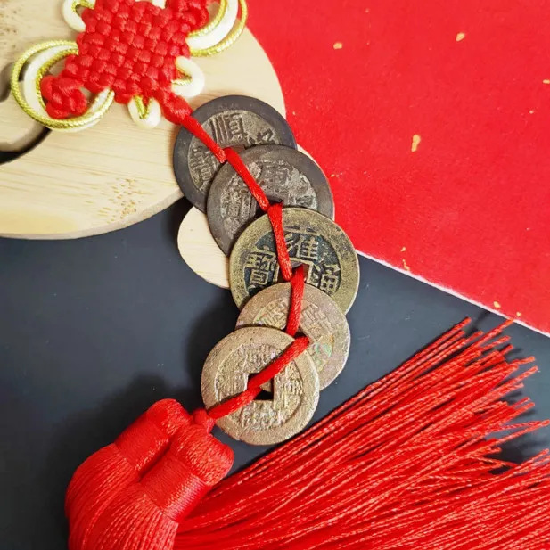 Authentic Feng Shui Five Emperors Coin Chinese Knot Pendant Brass Living Room Genuine Copper Coin for Doorway Thickened Entry Door