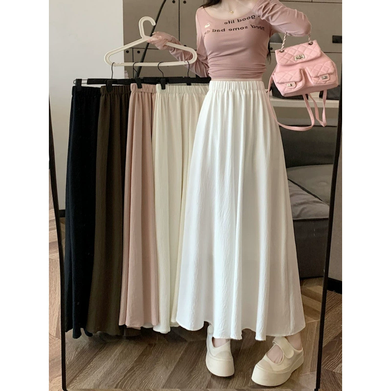 Белая юбка 2025, новая летняя студенческая юбка в корейском стиле, свободная, с высокой талией, большая расклешенная юбка, повседневная драпированная юбка-трапеция